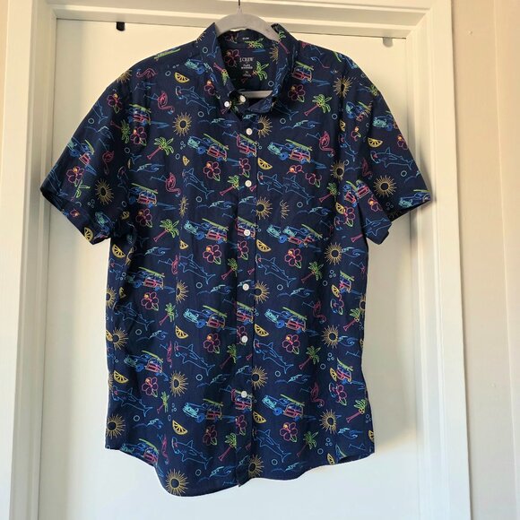 J Crew Men's XL Slim Fit Flex Washed Navy Hawaiian Shirt Woody Shark Palm Tree - Picture 1 of 7